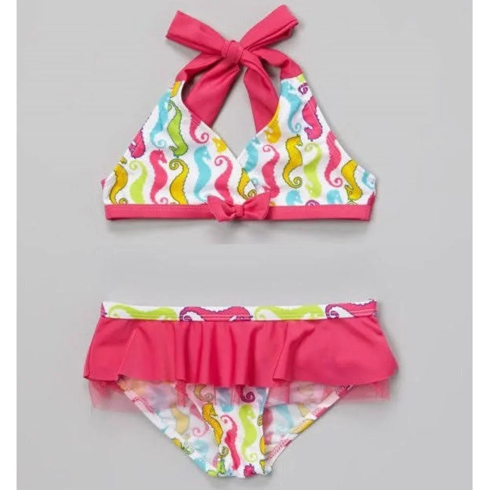 Girls Swim Suit Bikini, Pink Sea Horse Print with Ruffles, 4T